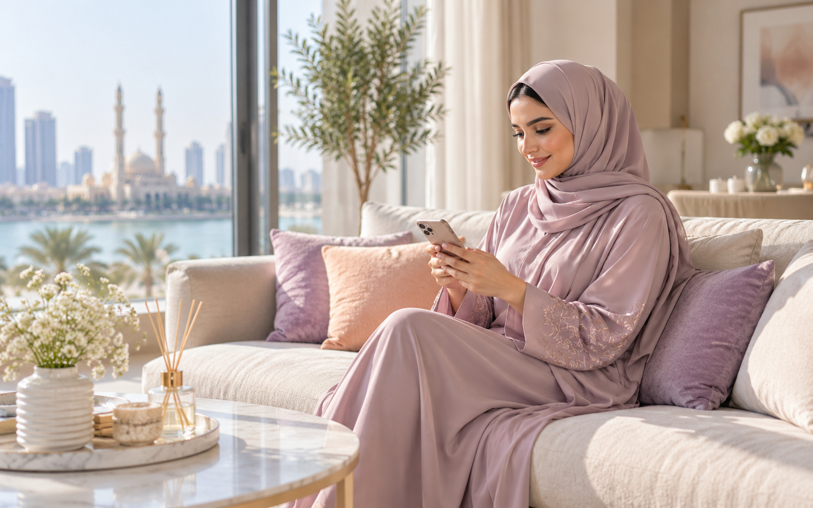 Woman holding a phone in a bright living room